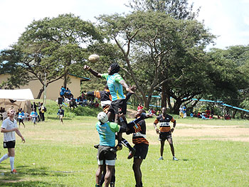 Buffaloes contest a line out in an earlier tournament.