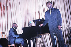 Jacques-Greg Belobo on stage with his piano accompanist Simon Pierre Ndoyu00e9.