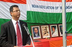 Chairman of the Indian Community in Rwanda Dinesh Kalyani delivers a speech to mark Indiau2019s National day yesterday. The New Times/J. Mbanda.