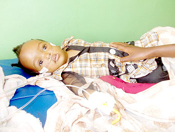 Ange Mugisha, 1, on life support at Kibuye hospital. The New Times/Sam Nkurunziza.