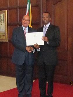 Vincent Karega presenting his credentials to President Zuma. The New Times / Courtesy
