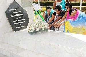 The Family of Maj. Gen. Fred Rwigema lays wreaths on his grave during the Heroes Day commemoration on Wednesday. The Sunday / John Mbanda.