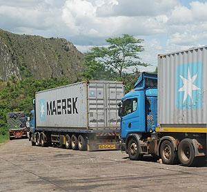 Transit goods trucks heading towards  the Rwandan border at Rusumo from Tanzania. The New Times / John Mbanda.