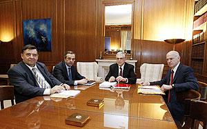 Greek PM Lucas Papademos (2nd R), former Premier George Papandreou (1st R), conservative New Democracy President Antonis Samaras (2nd L) rightist Popular Orthodox Rally head George Karatzaferis (1st L). Photo  Xinhua.