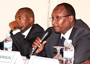 Brigadier Francis Murgor (R) together with Col Joseph Kamau Mburu at the regional defence experts meeting in Kigali yesterday The New Times / T. Kisambira