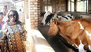 Health Minister Dr. Agnes Binagwaho tours dairy farming activities in Gicumbi District on Wednesday.  The New Times / John Mbanda.