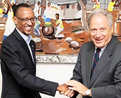 President Kagame and the outgoing Israel Ambassador, Oded Ben-Haim, at Village Urugwiro yesterday. The New Times / Timothy Kisambira.