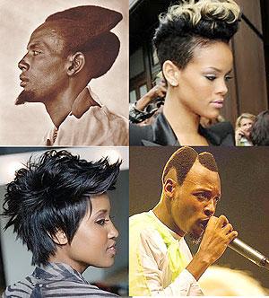 TL: Amasunzu is purely traditional and originally Rwandan. It can be likened to the mohawk. TR: Rihannau2019s mohawk. BL: Beautiful and black. Mohawks can be worn by women too.  BR: The Rwandan Amasunzu, won by Ras Kayaga of Holy Jah Doves is a sacred hairsty