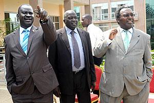PAC Chairpersons: L-R;Kassiano Wadri from Uganda, Kom Kom Geng from South Sudan, and Rwanda's Juvenal Nkusi. The New Times / John Mbanda.