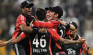 England players celebrate after sealing a 2-1 T20 series win against Pakistan. Net photo.