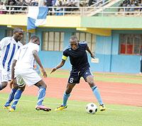 Police captain Meddie Kagere (R) will lead his side's attack this afternoon. The New Times / File.