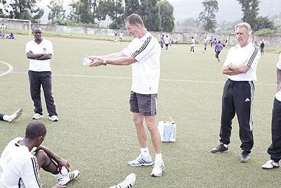 SAFE; APR coach Ernie Brandts giving out instructions to his players during a recent match. The club have confirmed that his job is safe till end of the season. The New Times / File.