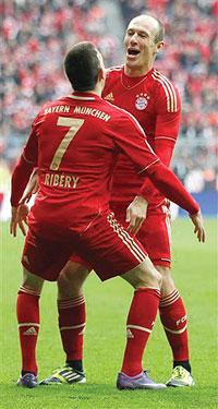 Bayern's Franck Ribery and Arjen Robben celebrate goal yesterday  Net photo.
