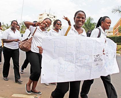 Akilah students during a past march. The school has been named among the best initiatives in promoting women and girls. The New Times / File.
