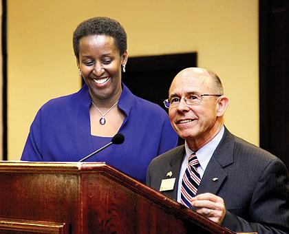 First Lady Jeannette Kagame (L) together with Dr. Mike Ou2019Neal, President of Oklahoma Christian University (OCU) at a reception held at the Kigali Serena Hotel, to celebrate the partnership between OCU and the Government of Rwanda.  The Sunday Times/ Timot