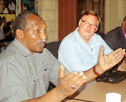 Retired Archbishop Emmanuel Kolini and Pastor Rick Warren of the PEACE Plan project, during a news conference. Some of the issues raised included homosexuality and abortion. The New Times / John Mbanda.