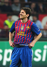 Barcelonau2019s Lionel Messi reacts during a recent match, Barca hope to maintain their pressure on Madrid. Net photo.
