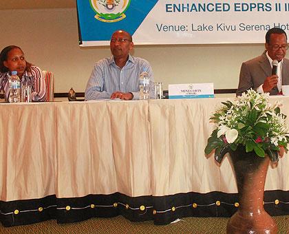 L-R Finance PS Kampeta Sayinzoga, Minister John Rwangombwa and Abdoulaye Balde of the UN at the DPM meeting. The New Times / Courtesy.