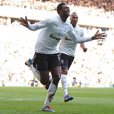 DELIGHT: Emmanuel Adebayor celebrates his first goal. Net photo.