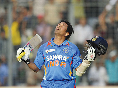 Sachin Tendulkar celebrates his 100th international 100. Net photo