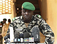 Captain Amadou Sanogo, leader of Malis military junta, speaks during a news conference at his headquarters in Kati.Net photo.  .