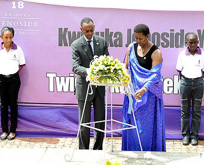 President Paul Kagame and First Lady Jeannette Kagame paying respect to Genocide victims at Kigali Genocide Memorial Center at Gisozi yesterday. The Sunday Times / Village Urugwiro. 