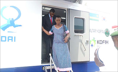 Ministers James Kabarebe and  Aloysea Inyumba, Gender after inspecting the Military Mobile Clinic at Inshuti Zacu Centre.  The Sunday Times / Susan Babujja