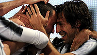 Juventus players celebrate their teamu2019s win that takes them above AC Milan. Net photo
