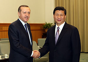 Chinese Vice President Xi Jinping (R) shakes hands with Turkish Prime Minister Recep Tayyip Erdogan during a meeting with him in China, April 10, 2012. Xinhua.