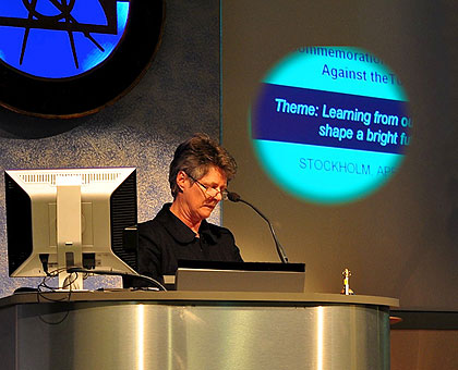 Linda Melvern speaking at the conference on the Genocide in Stockholm yesterday. The New Times / Courtesy. 