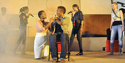 Nkusi acting in a play by Mashirika Creative group. Net photo.