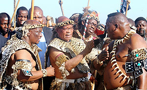 President Jacob Zuma attends his wedding ceremony in traditional costume at his home in Nkandla, KwaZulu-Natal, South Africa, April 20, 2012. Zuma married his fourth wife Bongi Ngema on Friday, his office announced. Xinhua. 