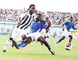 HERO AND VILLAIN:  APR's Haitian striker St Preux Leonel scored twice but turned from hero to villain when he was later sent off for unsporting behaviour. The New Times / T. Kisambira.