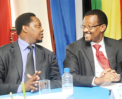 L-R;EAC Deputy SG Jean Claude Nsengiyumva, Lake Victoria Basin commission Executive Secretary, Canisius Kanangire, and Musa Sirma at the meeting. The New Times / J Mbanda.