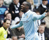 Manchester Cityu2019uf020s Yaya Toure celebrates scoring a goal against Newcastle United during their English Premier League soccer match in Newcastle. Net photo.
