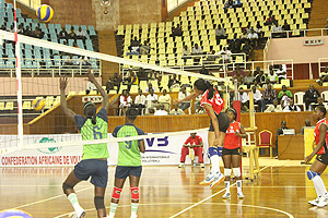 RRA captain Chantal Izabayo spikes the ball in the club's thrilling 3-1 win over Kenyan giants KCB. The New Times/Courtesy.