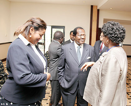 Njoki Ndungu, from the Supreme court of Kenya (L), Benjamin Odoki of Uganda (C), and Martha Koome, Chairperson of Kenya Magistrates and Judges Association. The New Times / T. Kisambira.