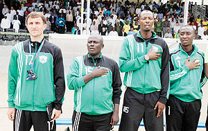 Amavubi head coach Milutin u2018Michou2019 Sredojovic (L) with his assistants before the Nations Cup qualifier against Nigeria in Kigali, early this year. The New Times/File.