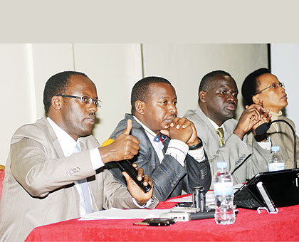 L-R: Kigali city Mayor Fidu00e8le Ndayisaba, MINALOC Permanent Secretary Cyril Turatsinze , Natural Resources Minister Stanislas Kamanzi and REMA chief Rose Mukankomeje during a news conference about the World Environmental Day yesterday. See story on page 3.