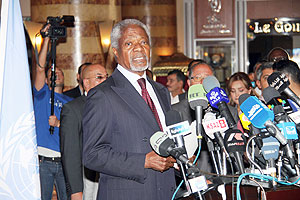 The United Nationsu2019 special envoy to Syria Kofi Annan speaks during a press conference upon his arrival in Damascus, Syria, May 28, 2012. Net photo