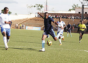 Police's striker and captain Meddie Kagere, seen here in action against Isonga Fc on the last day of the league season. The New Times / T. Kisambira.