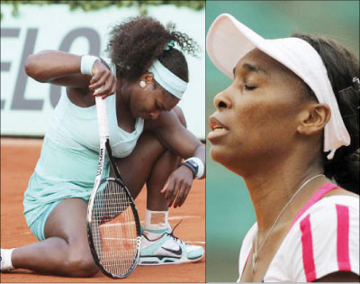 Serena Williams reacts shortly before losing to Franceu2019s Virginie Razzano during their first round match in the French Open. Net photo. Venus Williams  reacts during her match against Agnieszka Radwanska. Net photo.