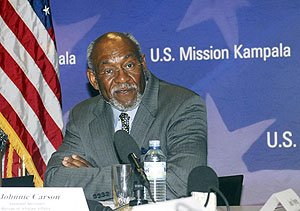 Johnnie Carson, the assistant secretary of state for African affairs, addressing journalists in Kampala, Uganda . Net photo.