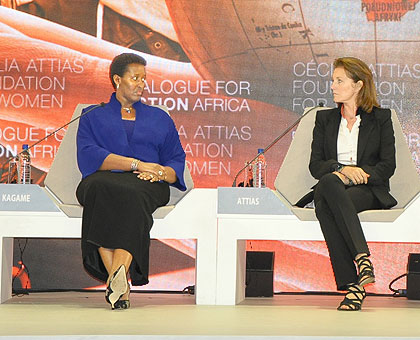 First Lady, Mrs Kagame (L) with Cecilia Attias a seasoned activist for women's rights and the organiser of the one-day  Dialogue in Gabon. The New Times courtesy.