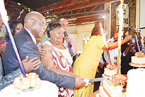 Pastor Leo Rucibigango and his wife Daphrose at their Golden Jubilee celebration service at Kimisagara Restoration Church. The New times / Patrick Buchana.