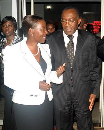 Minister Louise Mushikiwabo with DRCu2019s Minister of Foreign Affairs, International Cooperation and Franchophonie, Hon. Raymond Tshibanda Nu2019tungamulongo during a recent meeting. The New Times / File.