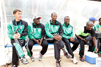 Amavubi Stars head coach Milutin Sredojevic (L) and his technical staff during the 2013 Afcon first leg qualifier against Nigeria played in Kigali in February. The New Times / T. Kisambira.