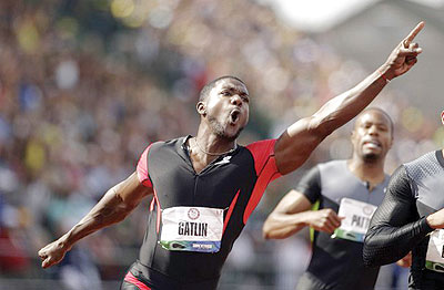 Justin Gatlin holds off Tyson Gay to capture 100-meter crown at US Olympic trials. Net photo.