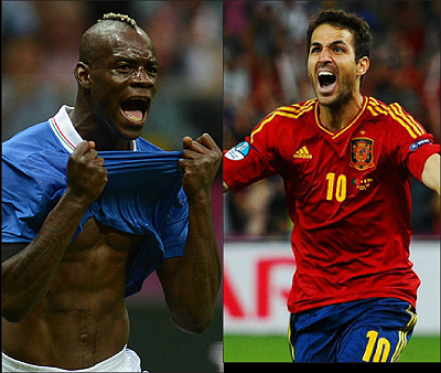 Mario Balotelli scored twice as Italy beat Germany 2-1 in the semi-final. Cesc Fabregas celebrates after Spain beat Portugal 4-2 on penalties to confirm their place in the final. Net photo.