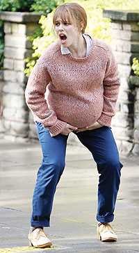 From here to maternity ... Rachel looks ready to give birth in new flick. Net photo.